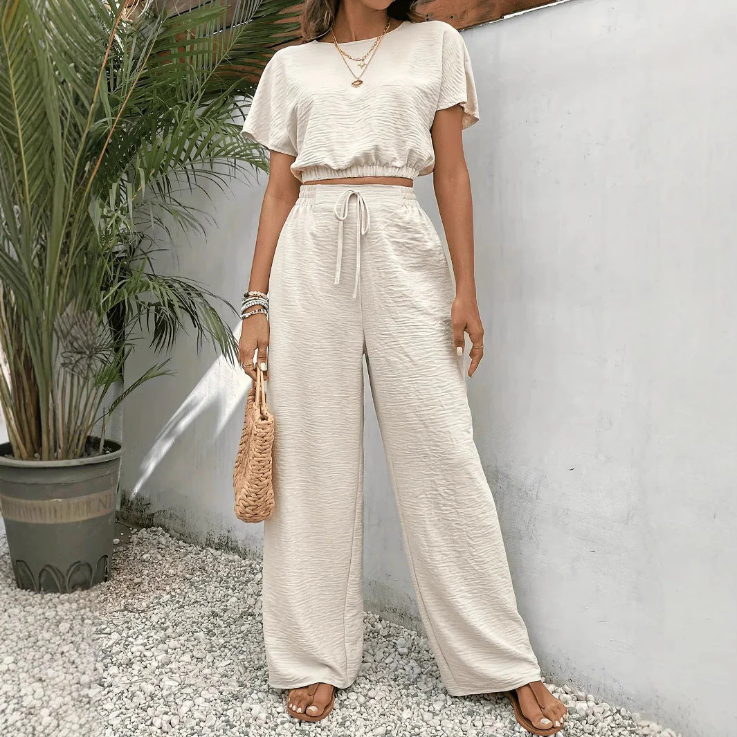 Women's Two-Piece Set – Crop Top Batwing Sleeves – Wide Pants with Drawstring - Image 6