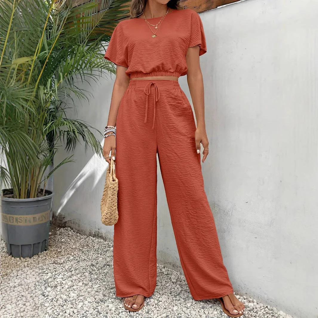 Women's Two-Piece Set – Crop Top Batwing Sleeves – Wide Pants with Drawstring - Image 7