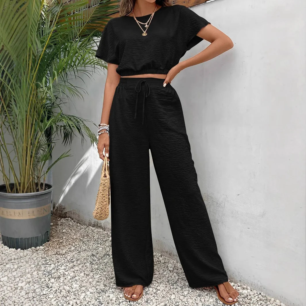 Women's Two-Piece Set – Crop Top Batwing Sleeves – Wide Pants with Drawstring - Image 8
