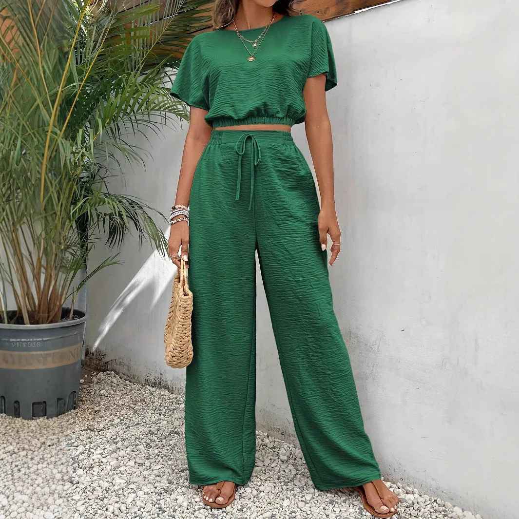 Women's Two-Piece Set – Crop Top Batwing Sleeves – Wide Pants with Drawstring - Image 9