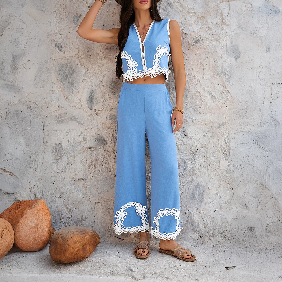 Women's Two-Piece Set – Crop Top and High Waist Pants – Lace details – Airy Fit - Image 3