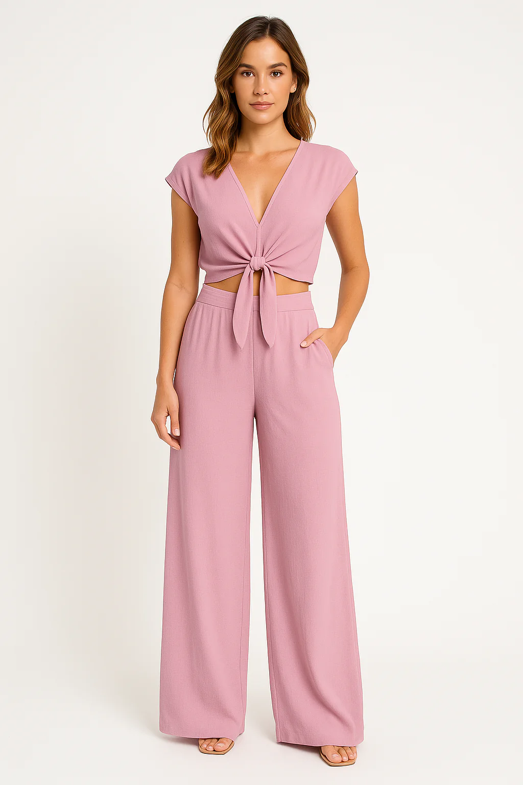 Women's Two-Piece Set – Cropped Top with Tie Closure – High Waist Wide Legs - Image 3