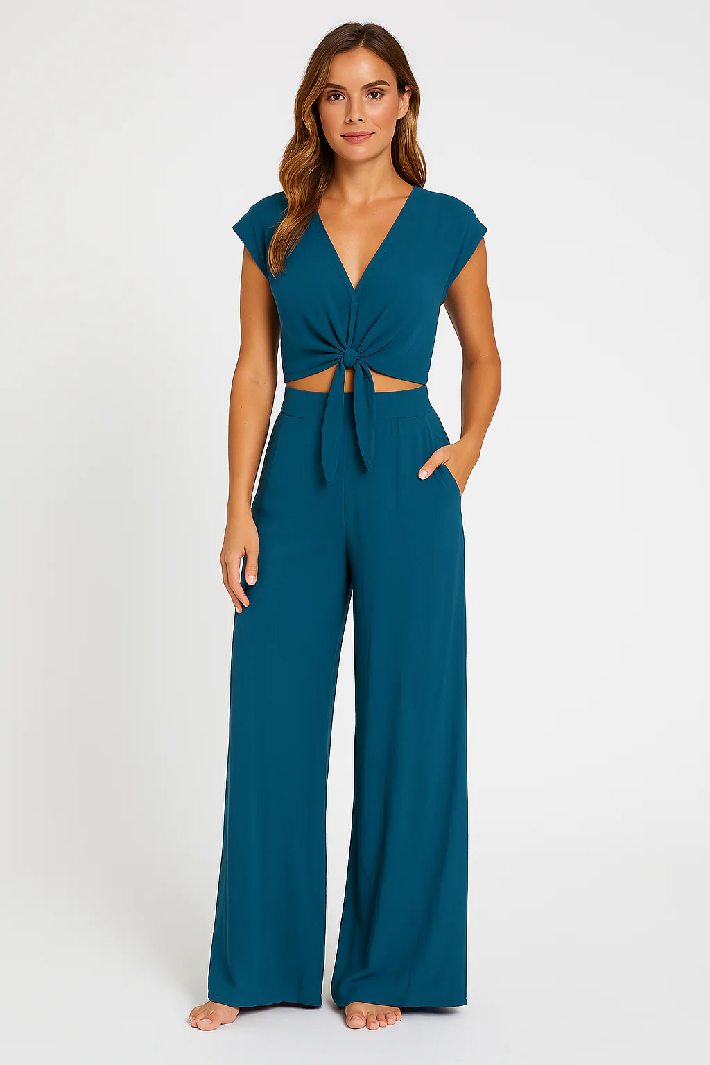 Women's Two-Piece Set – Cropped Top with Tie Closure – High Waist Wide Legs - Image 4