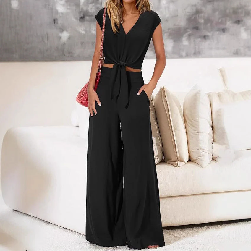 Women's Two-Piece Set – Cropped Top with Tie Closure – High Waist Wide Legs - Image 5