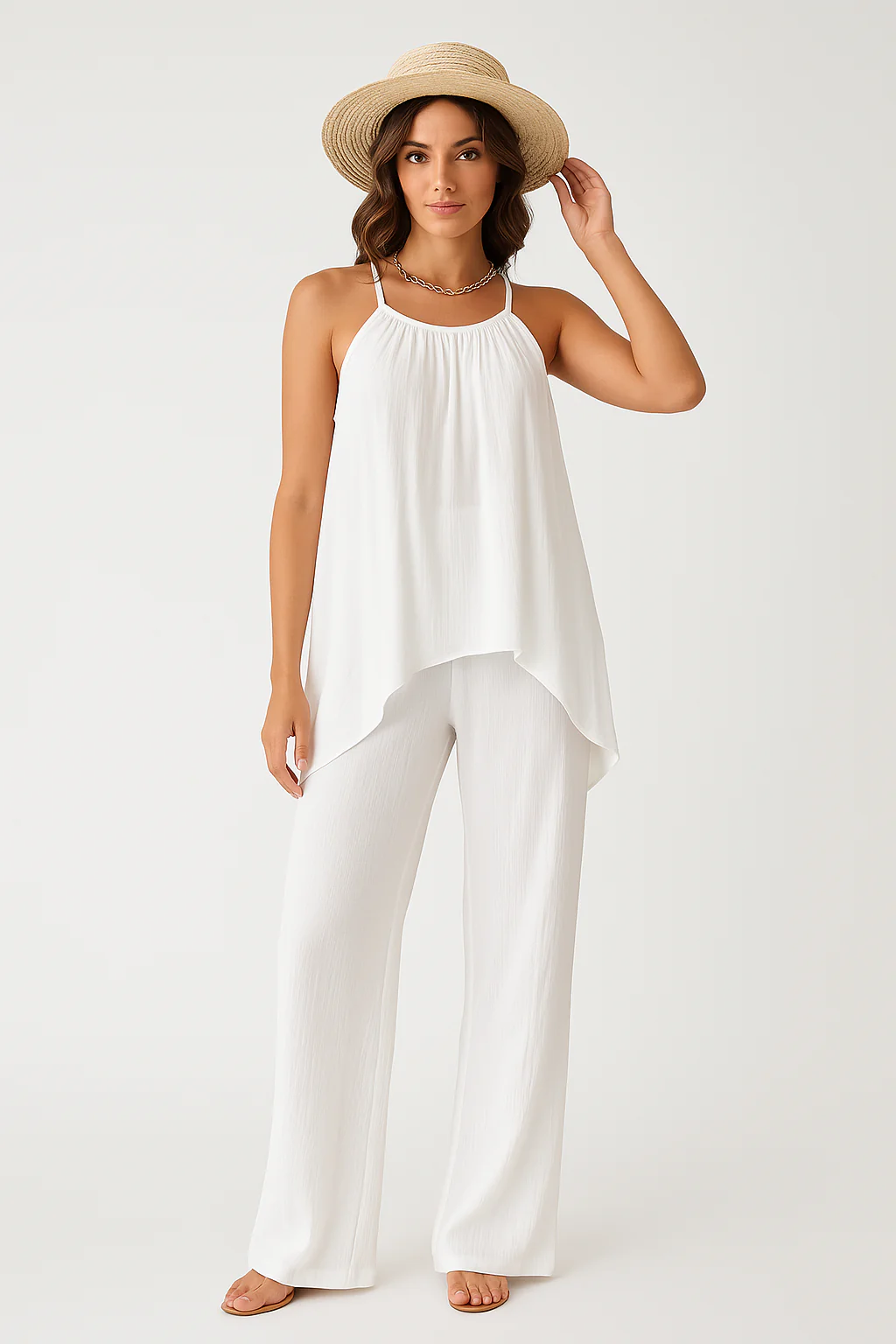 Ladies Two-Piece Set – Halter Top Asymmetrically Pleated – Wide Pants Relaxed Fit - Image 2