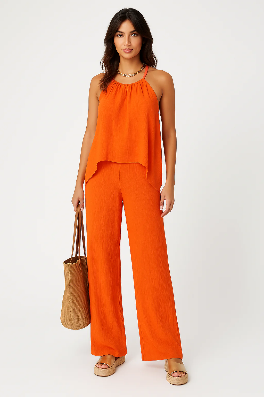 Ladies Two-Piece Set – Halter Top Asymmetrically Pleated – Wide Pants Relaxed Fit - Image 3