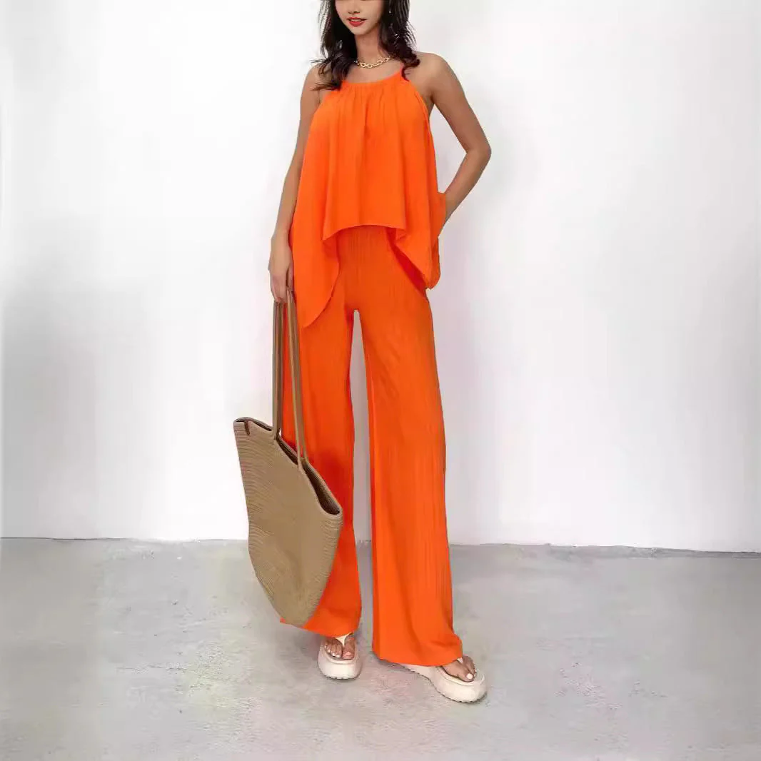 Ladies Two-Piece Set – Halter Top Asymmetrically Pleated – Wide Pants Relaxed Fit - Image 4