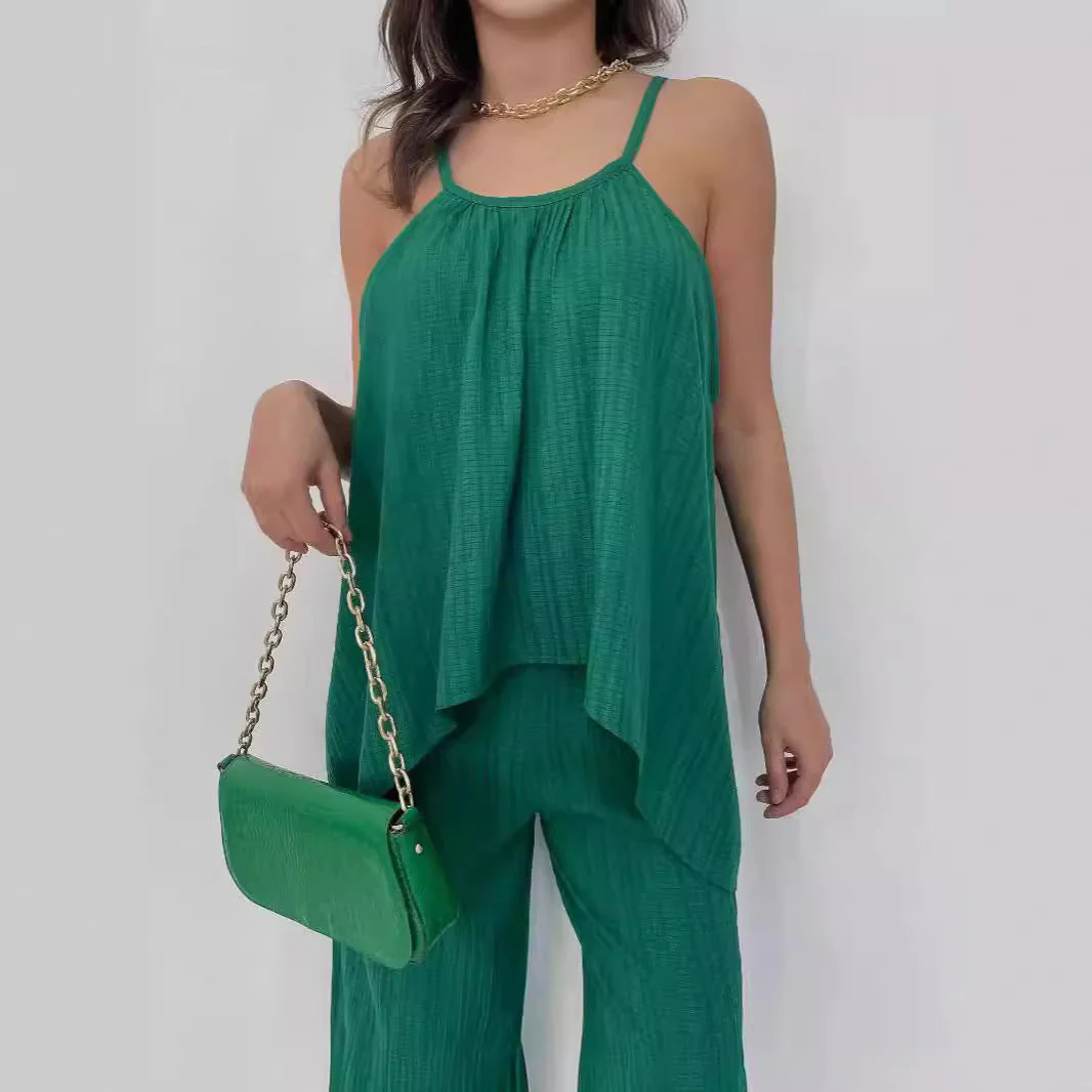Ladies Two-Piece Set – Halter Top Asymmetrically Pleated – Wide Pants Relaxed Fit - Image 5