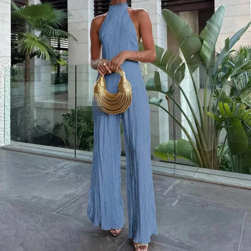 Women's Two-Piece Set – Halter Top and Wide Pants – Backless – Breathable – High Waist - Image 2
