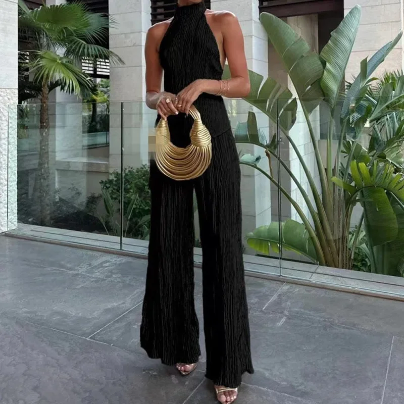Women's Two-Piece Set – Halter Top and Wide Pants – Backless – Breathable – High Waist - Image 3