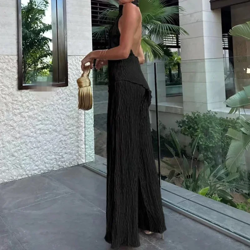 Women's Two-Piece Set – Halter Top and Wide Pants – Backless – Breathable – High Waist - Image 4