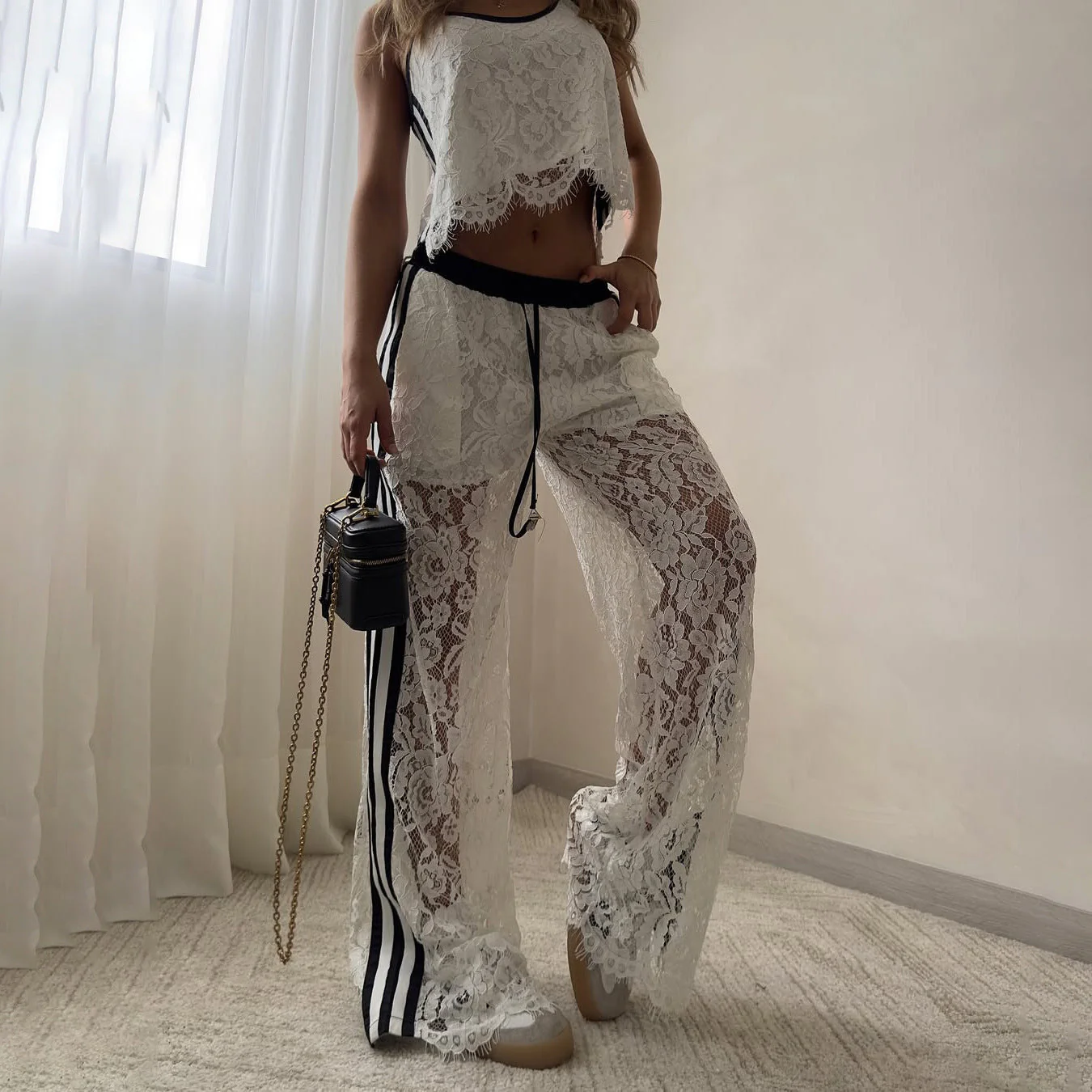 Ladies Two-Piece Set – Lace Cropped Top – Loose Pants with Drawstring – Breathable Design - Image 2