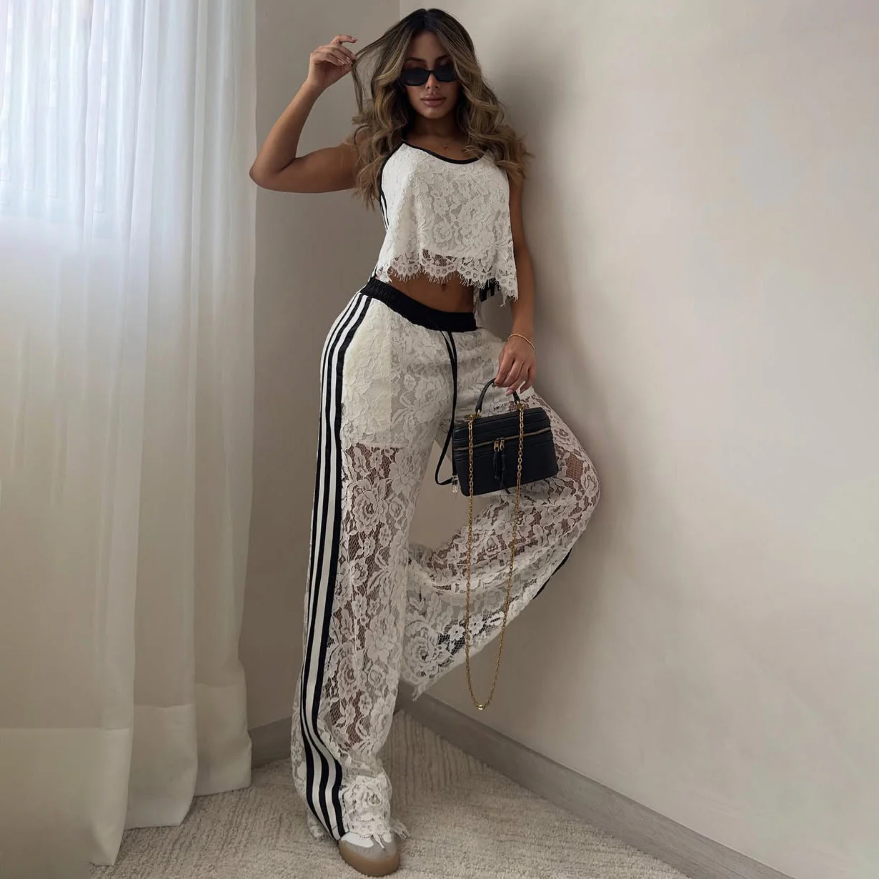 Ladies Two-Piece Set – Lace Cropped Top – Loose Pants with Drawstring – Breathable Design - Image 4