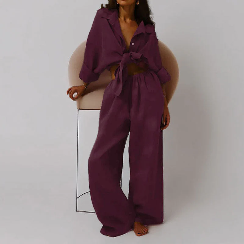 Ladies Two-Piece Set – Linen Mix – Oversized Fit – Blouse with Button Closure & Wide Trousers - Image 2