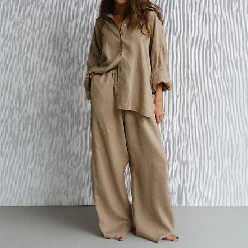 Ladies Two-Piece Set – Linen Mix – Oversized Fit – Blouse with Button Closure & Wide Trousers - Image 3