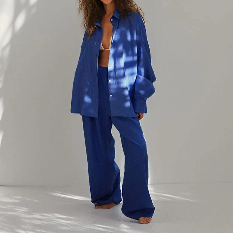 Ladies Two-Piece Set – Linen Mix – Oversized Fit – Blouse with Button Closure & Wide Trousers - Image 4