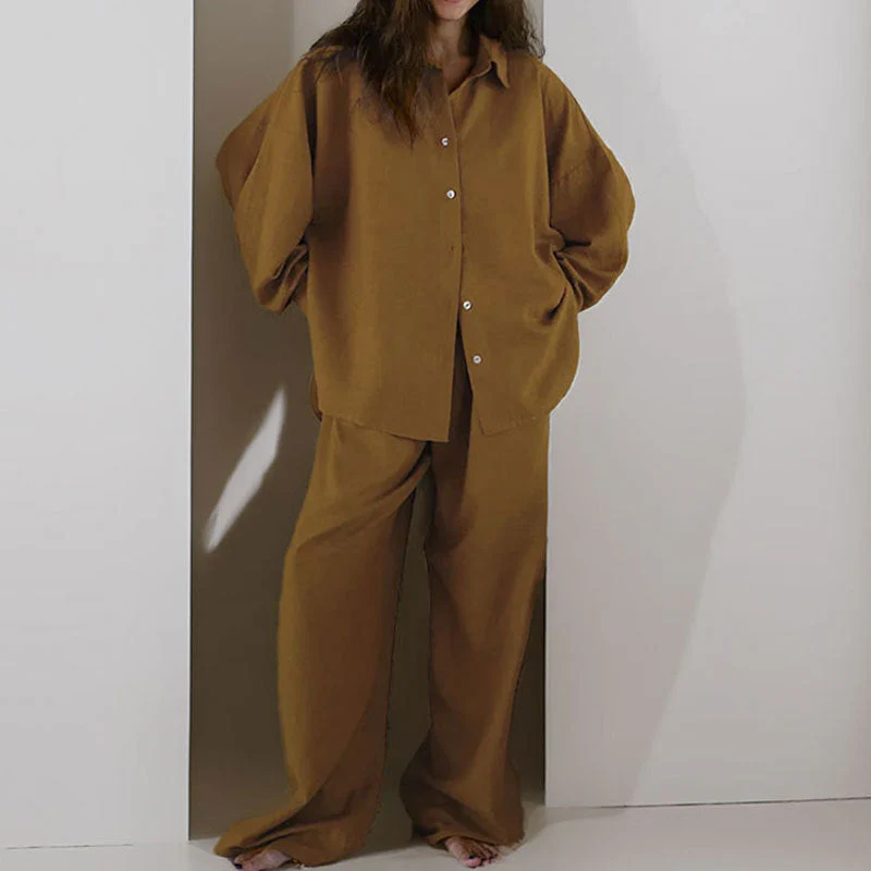Ladies Two-Piece Set – Linen Mix – Oversized Fit – Blouse with Button Closure & Wide Trousers - Image 5