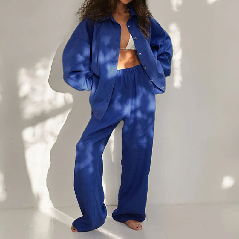 Ladies Two-Piece Set – Linen Mix – Oversized Fit – Blouse with Button Closure & Wide Trousers - Image 6