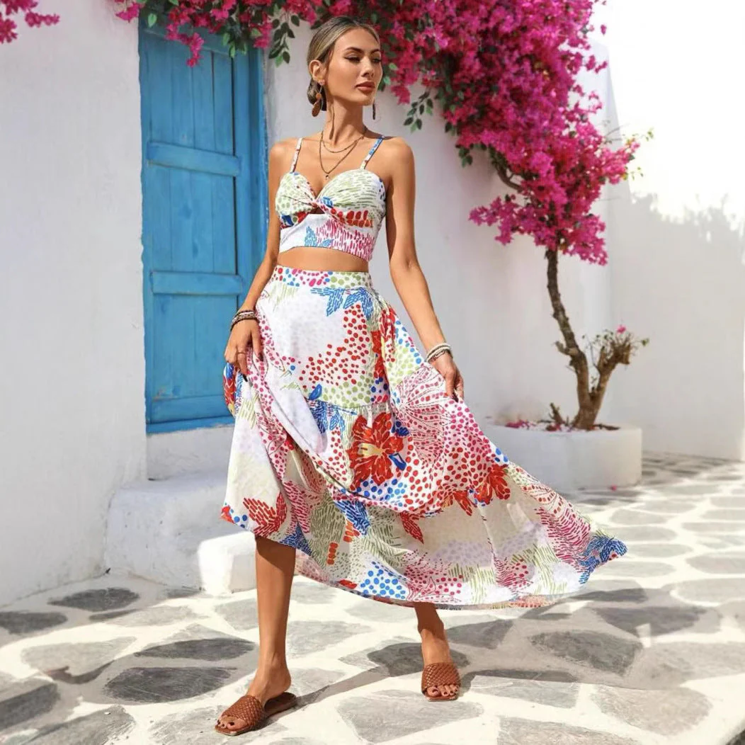 Ladies Two-Piece Set – Sleeveless Crop Top – A-Line Maxi Skirt – Airy Fabric - Image 3