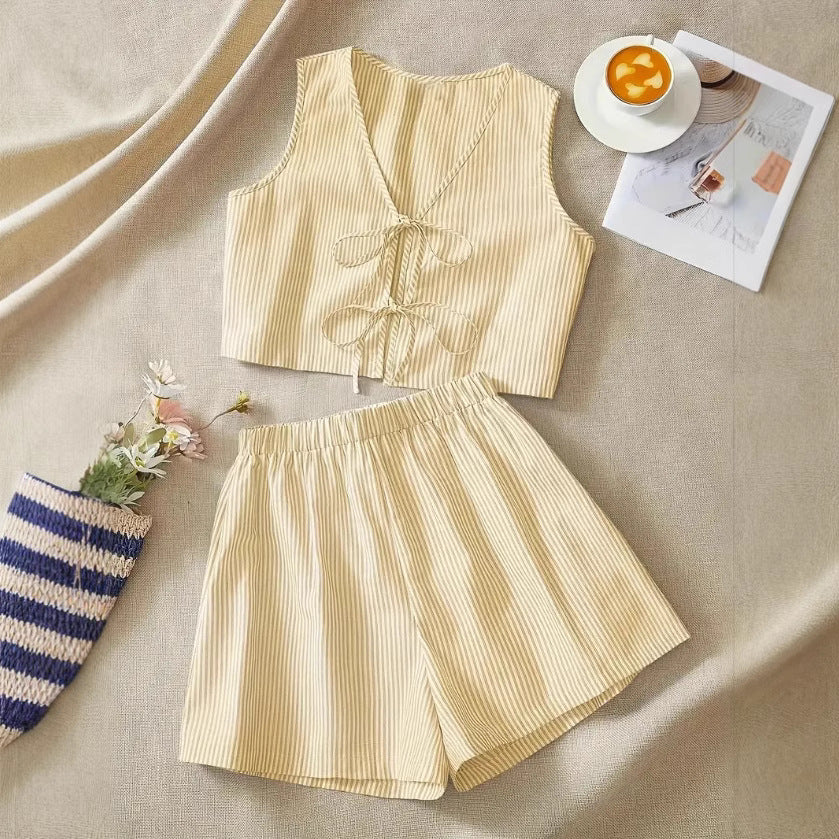 Ladies Two-Piece Set – Sleeveless Crop Top with Bow – High Waist Shorts – Breathable - Image 2