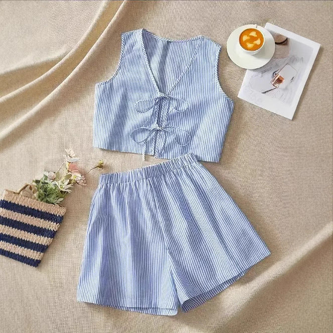 Ladies Two-Piece Set – Sleeveless Crop Top with Bow – High Waist Shorts – Breathable - Image 3