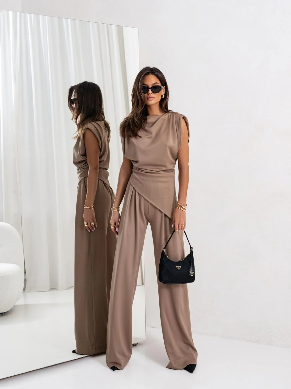 Ladies Two-Piece Set – Sleeveless Draped Top – Wide Pleated Trousers – Luxury Fabrics - Image 10