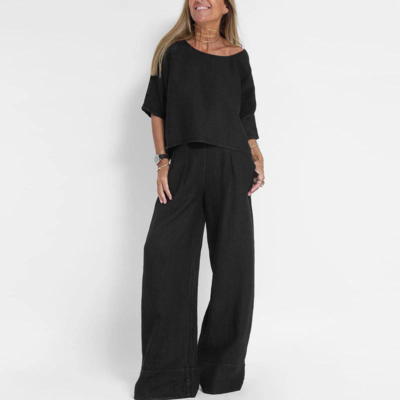 Ladies Two-Piece Set – Natural Fabrics – Relaxed Fit – Top with Short Sleeves & Wide Pants - Image 2
