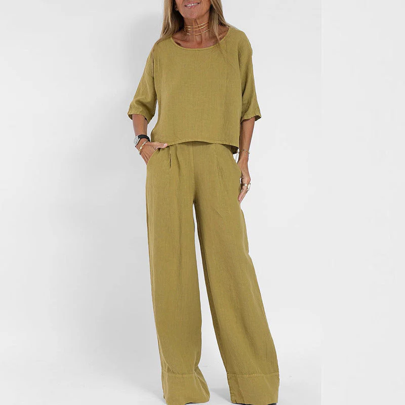 Ladies Two-Piece Set – Natural Fabrics – Relaxed Fit – Top with Short Sleeves & Wide Pants - Image 3