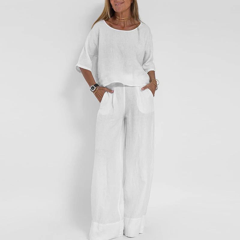 Ladies Two-Piece Set – Natural Fabrics – Relaxed Fit – Top with Short Sleeves & Wide Pants - Image 4