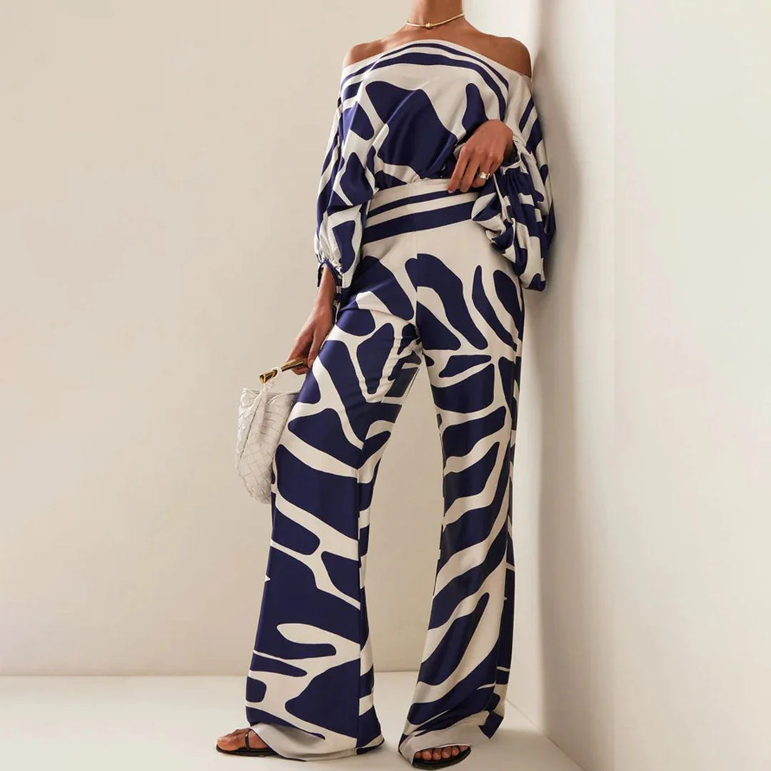 Ladies Two Piece Set – Off Shoulder Top – High Waist Flared Pants – Luxury Fabric - Image 2