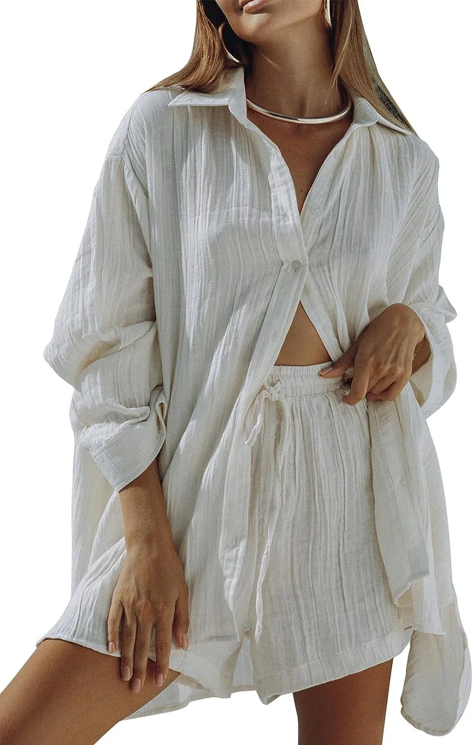 Ladies Two-Piece Set – Oversized Shirt with Button Closure – Relaxed Shorts – Breathable Textile - Image 10