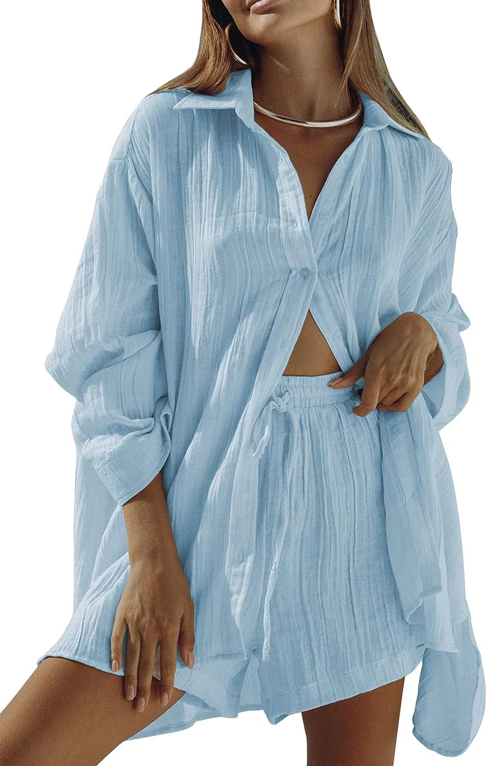 Ladies Two-Piece Set – Oversized Shirt with Button Closure – Relaxed Shorts – Breathable Textile - Image 11