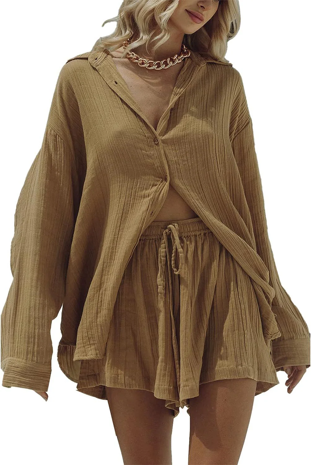 Ladies Two-Piece Set – Oversized Shirt with Button Closure – Relaxed Shorts – Breathable Textile - Image 6