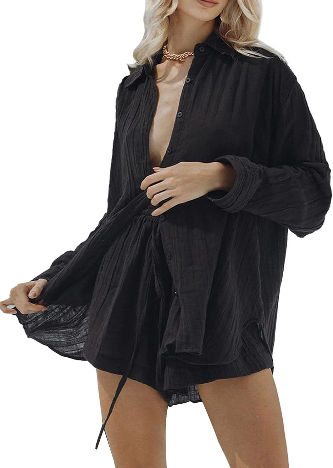 Ladies Two-Piece Set – Oversized Shirt with Button Closure – Relaxed Shorts – Breathable Textile - Image 8