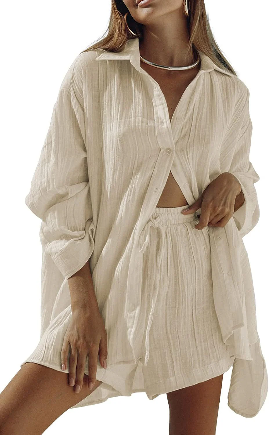 Ladies Two-Piece Set – Oversized Shirt with Button Closure – Relaxed Shorts – Breathable Textile - Image 9