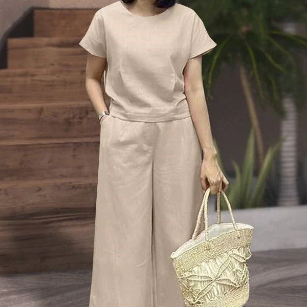 Women's Two-Piece Set – Relaxed Fit – Breathable Fabric – Shirt with Short Sleeves – Wide Pants - Image 5