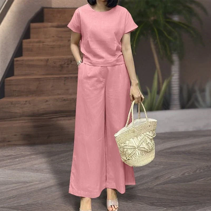 Women's Two-Piece Set – Relaxed Fit – Breathable Fabric – Shirt with Short Sleeves – Wide Pants - Image 6