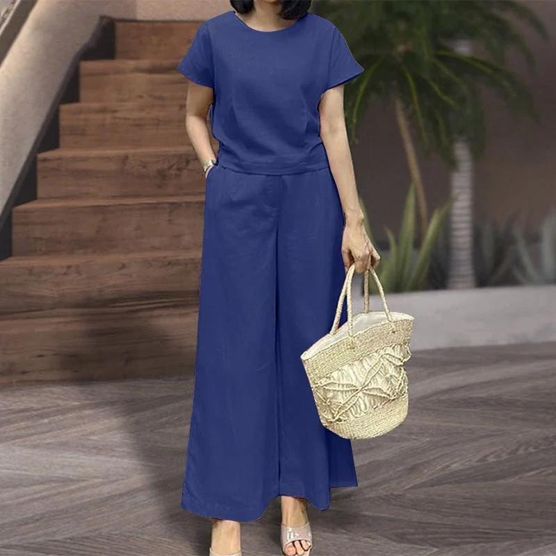 Women's Two-Piece Set – Relaxed Fit – Breathable Fabric – Shirt with Short Sleeves – Wide Pants - Image 7