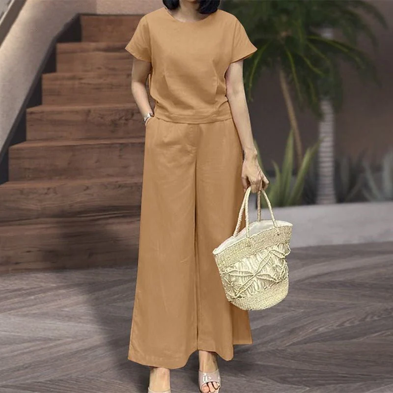Women's Two-Piece Set – Relaxed Fit – Breathable Fabric – Shirt with Short Sleeves – Wide Pants - Image 8