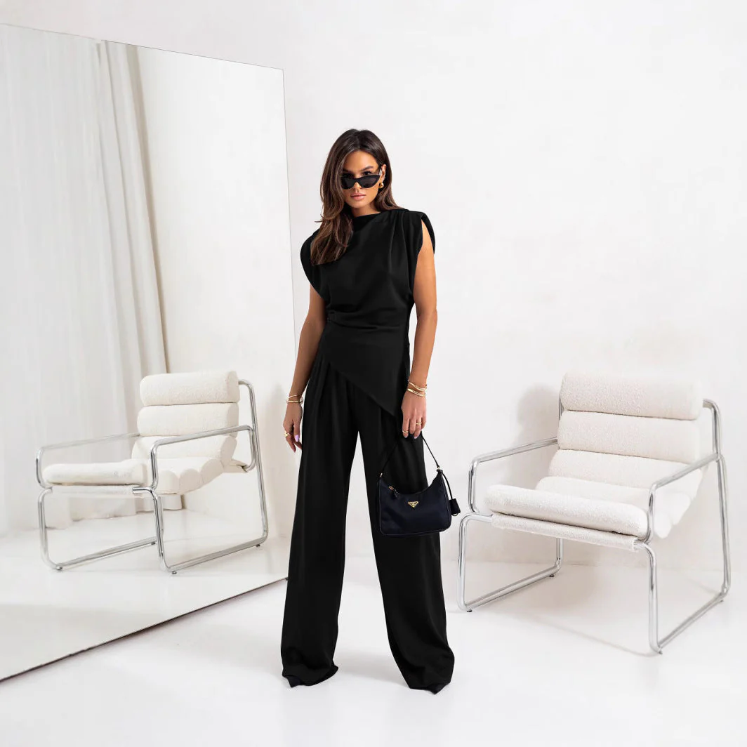 Women's Two-Piece Set – Relaxed Fit – Draped Top – High Waist Wide-Leg Pants - Image 10