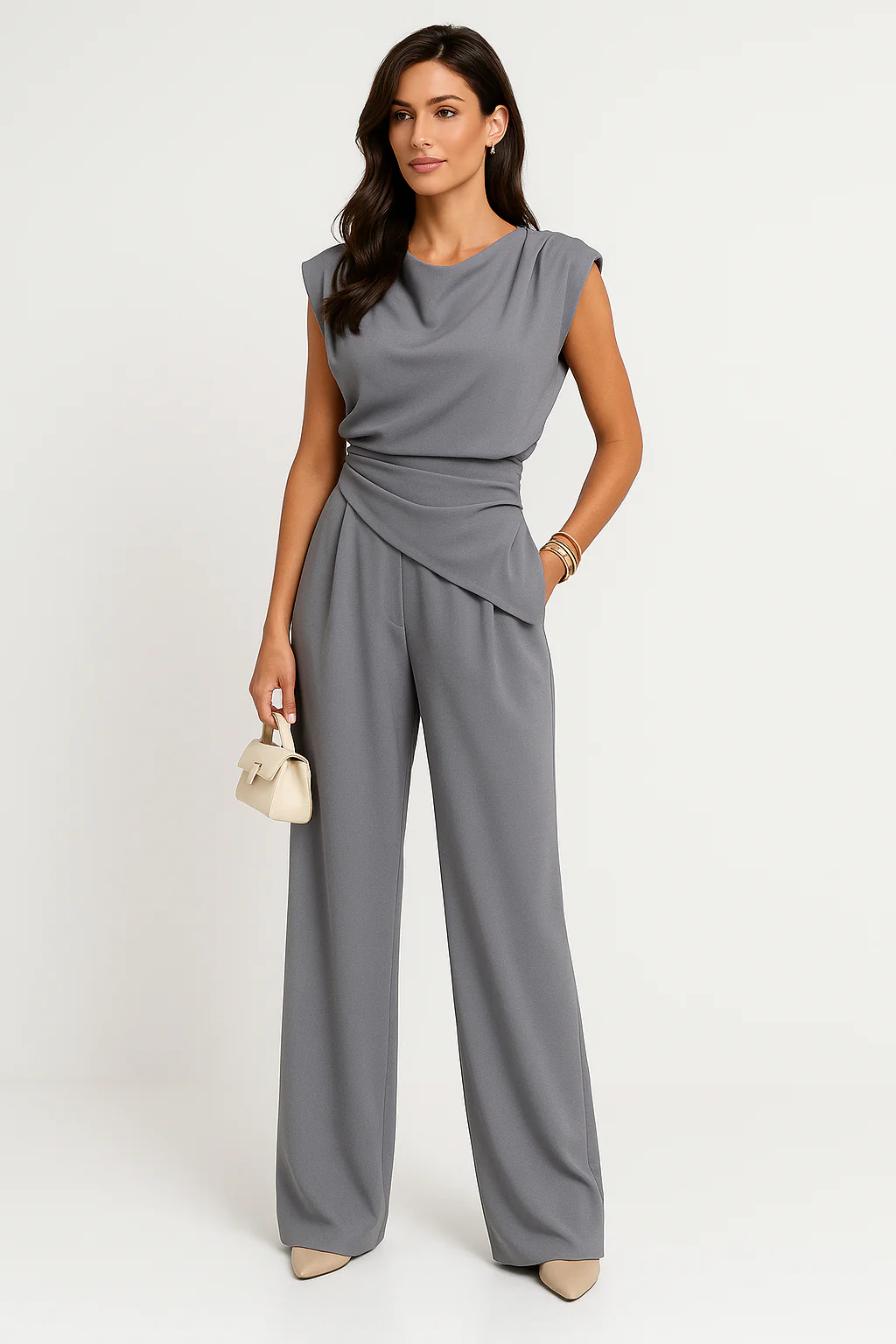 Women's Two-Piece Set – Relaxed Fit – Draped Top – High Waist Wide-Leg Pants - Image 3