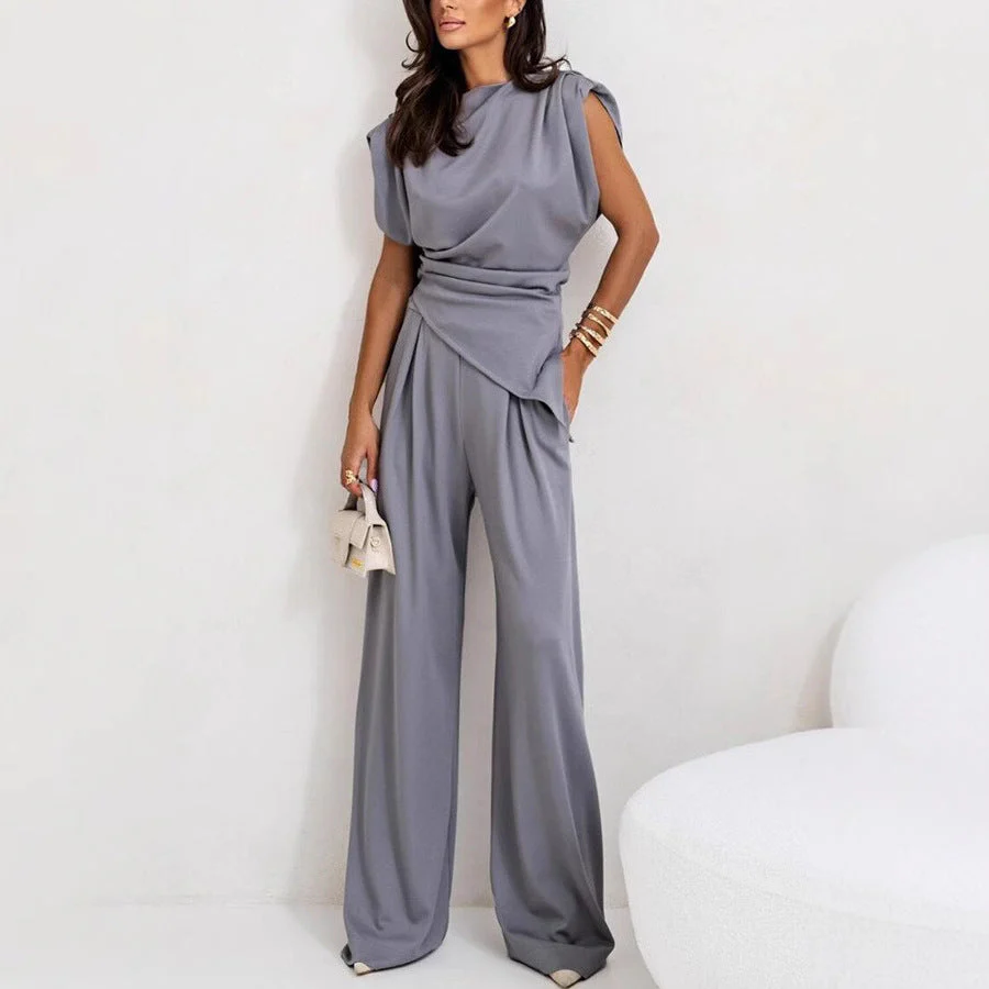 Women's Two-Piece Set – Relaxed Fit – Draped Top – High Waist Wide-Leg Pants - Image 6