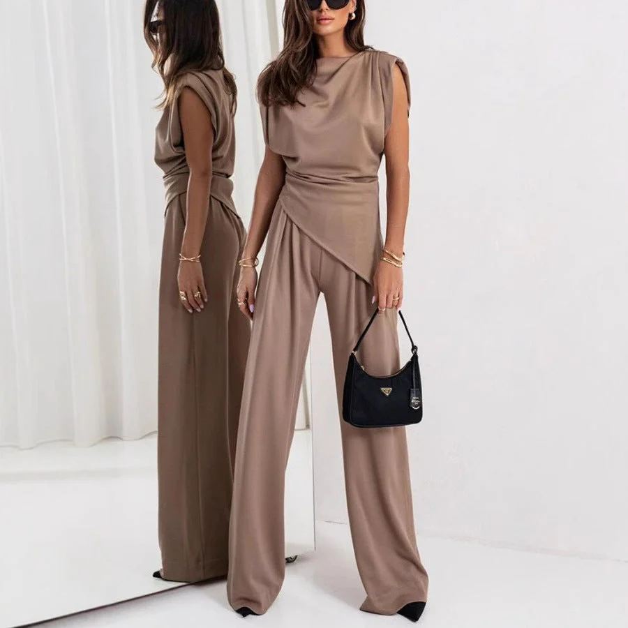 Women's Two-Piece Set – Relaxed Fit – Draped Top – High Waist Wide-Leg Pants - Image 8