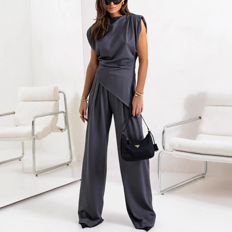 Women's Two-Piece Set – Relaxed Fit – Draped Top – High Waist Wide-Leg Pants - Image 9
