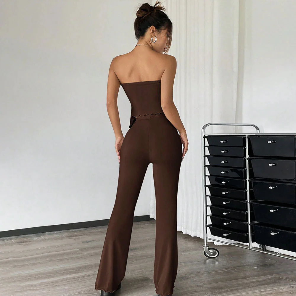 Ladies Two Piece Set – Strapless Bandeau Top – Flared High-Waist Pants – Soft Stretch Knit - Image 2