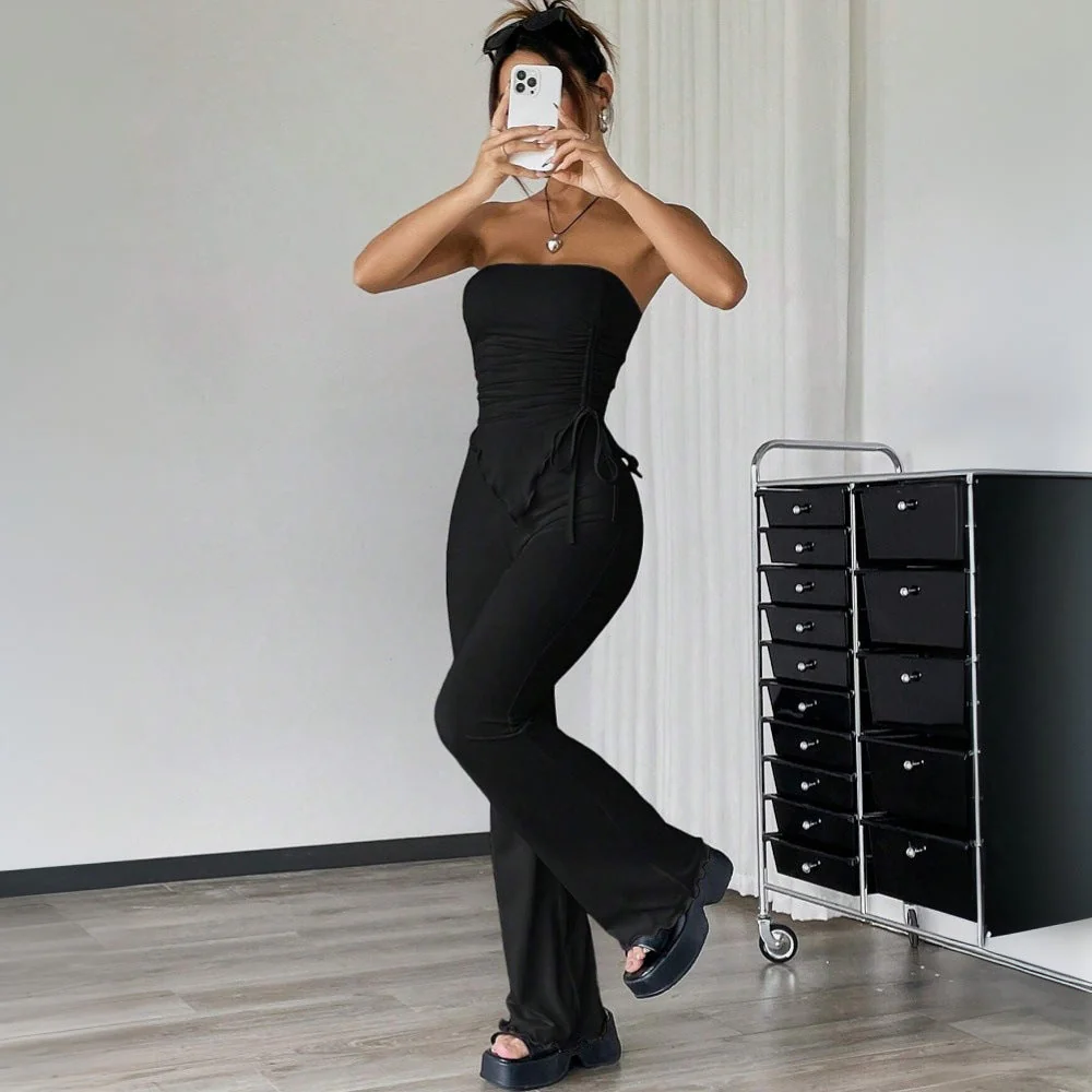 Ladies Two Piece Set – Strapless Bandeau Top – Flared High-Waist Pants – Soft Stretch Knit - Image 3