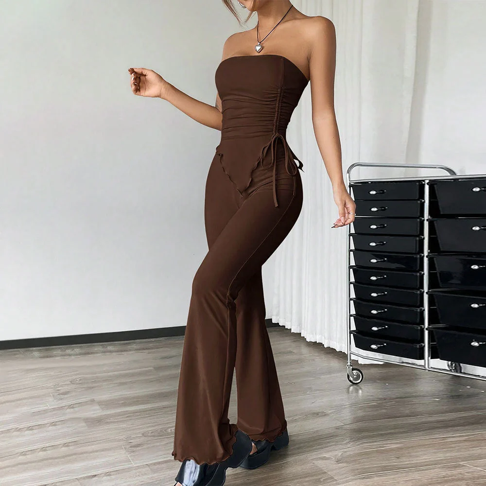 Ladies Two Piece Set – Strapless Bandeau Top – Flared High-Waist Pants – Soft Stretch Knit - Image 4