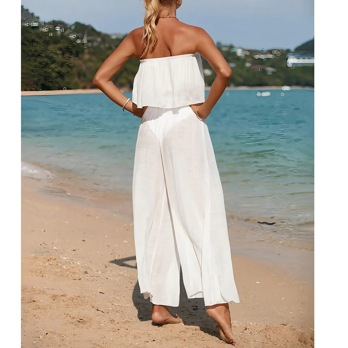 Women's Two-Piece Set – Strapless Top with Asymmetrical Hem – Wide-Leg Pants – Breathable Comfort - Image 2