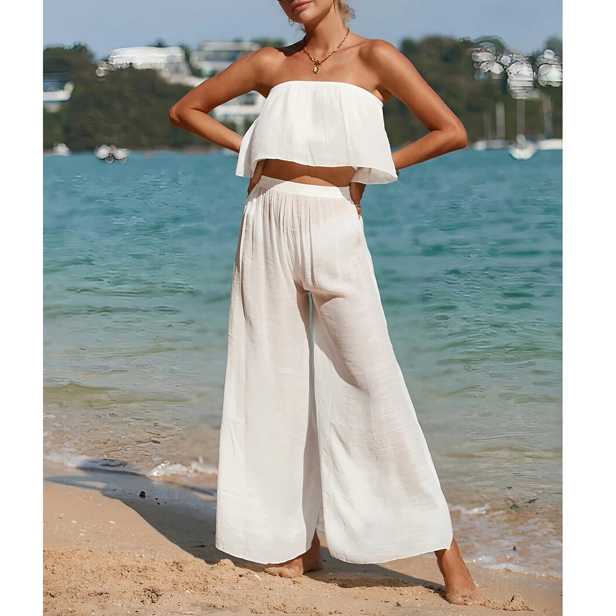 Women's Two-Piece Set – Strapless Top with Asymmetrical Hem – Wide-Leg Pants – Breathable Comfort - Image 3