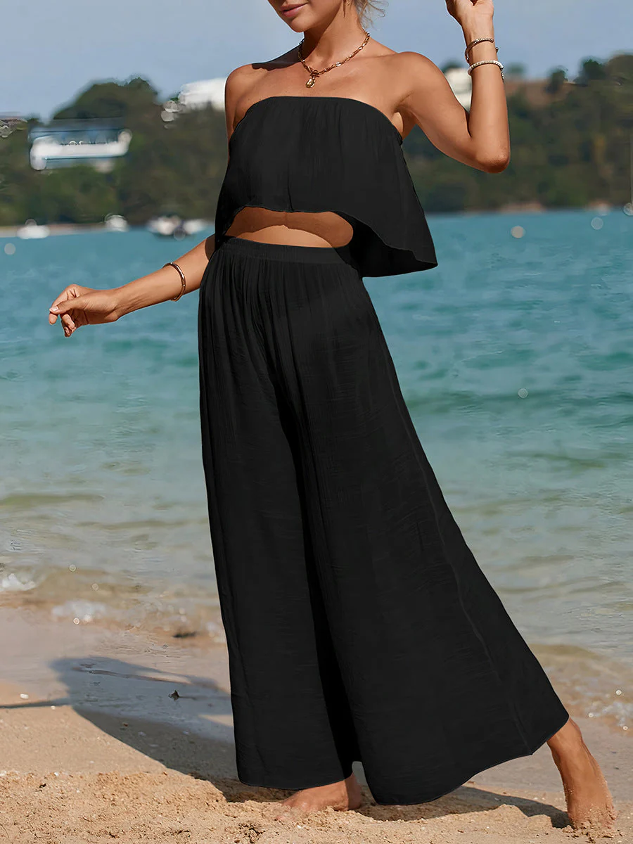 Women's Two-Piece Set – Strapless Top with Asymmetrical Hem – Wide-Leg Pants – Breathable Comfort - Image 4